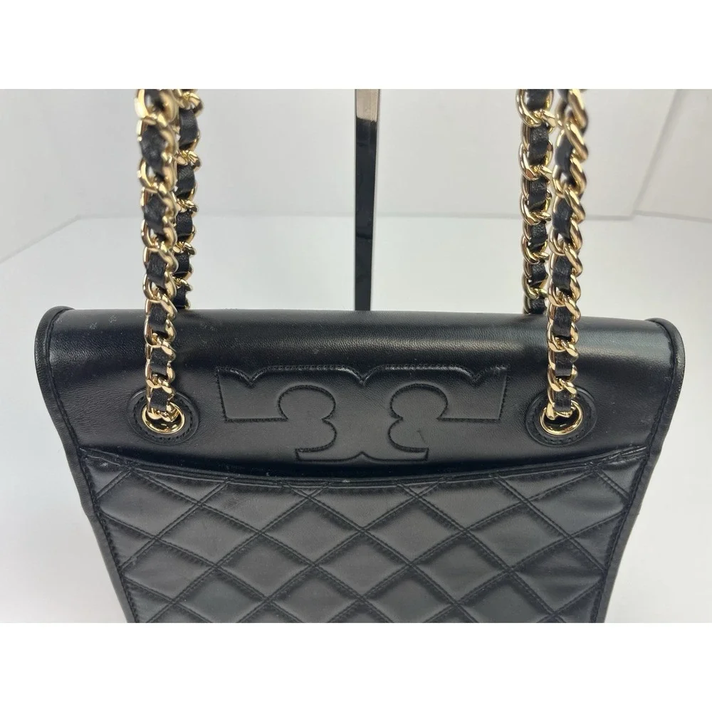 TORY BURCH Black Quilted Leather SAVANNAH Small Flat Chain Strap Tote Bag